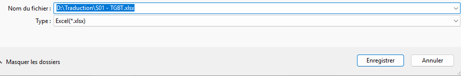 Fenêtre de choix du nom et du chemin du fichier Excel de sortie