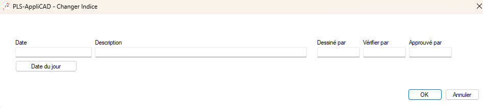 Fenêtre de saisie du nouvel indice (date, description, dessiné par, vérifié par, approuvé par)