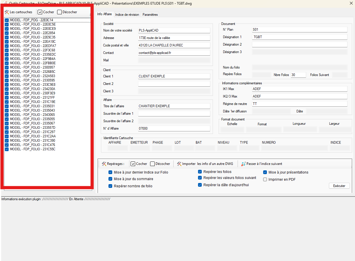 Liste des cartouches détectés dans le DWG, avec cases à cocher