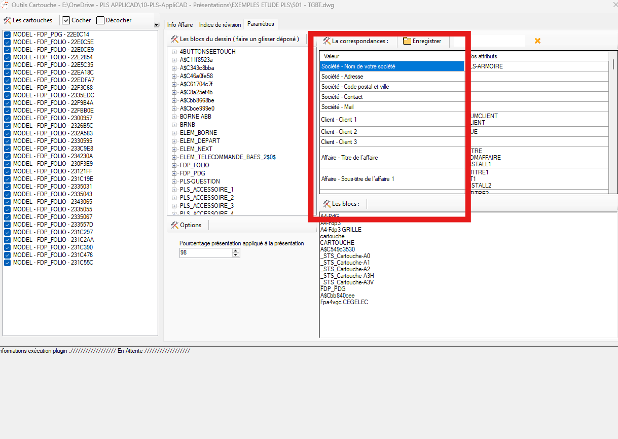 Onglet Paramètres avec l'arborescence des blocs et attributs