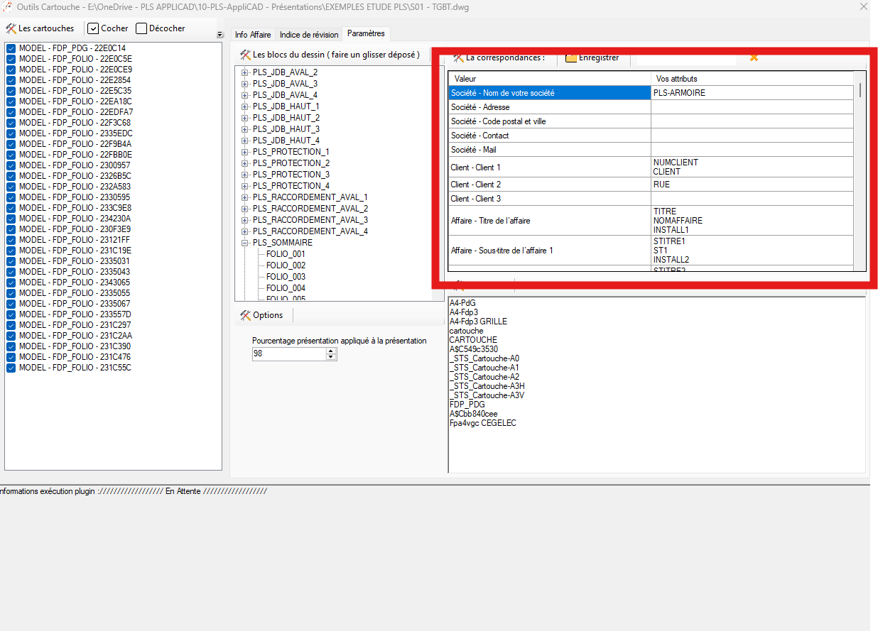 Exemple de champ grisé car attribut manquant dans le DWG