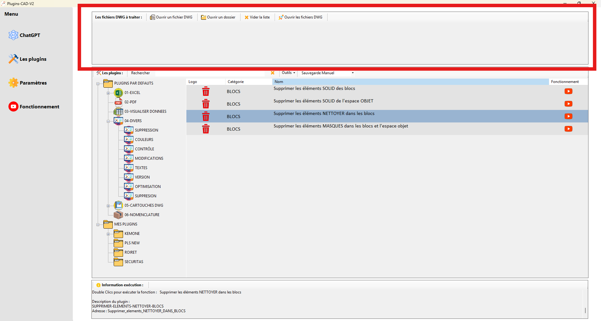 Ajouter des DWG par glisser-déposer ou via le bouton Ouvrir