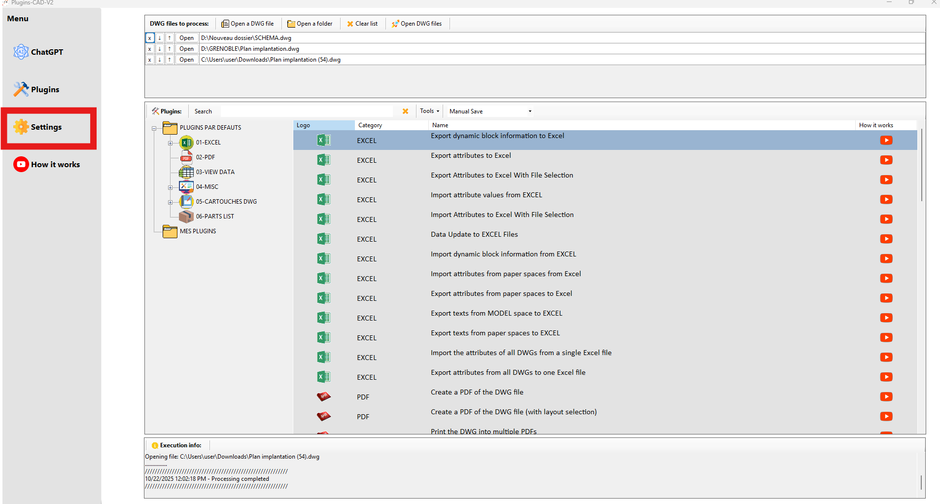 Paramètres : langue, dossier Mes plugins, options générales