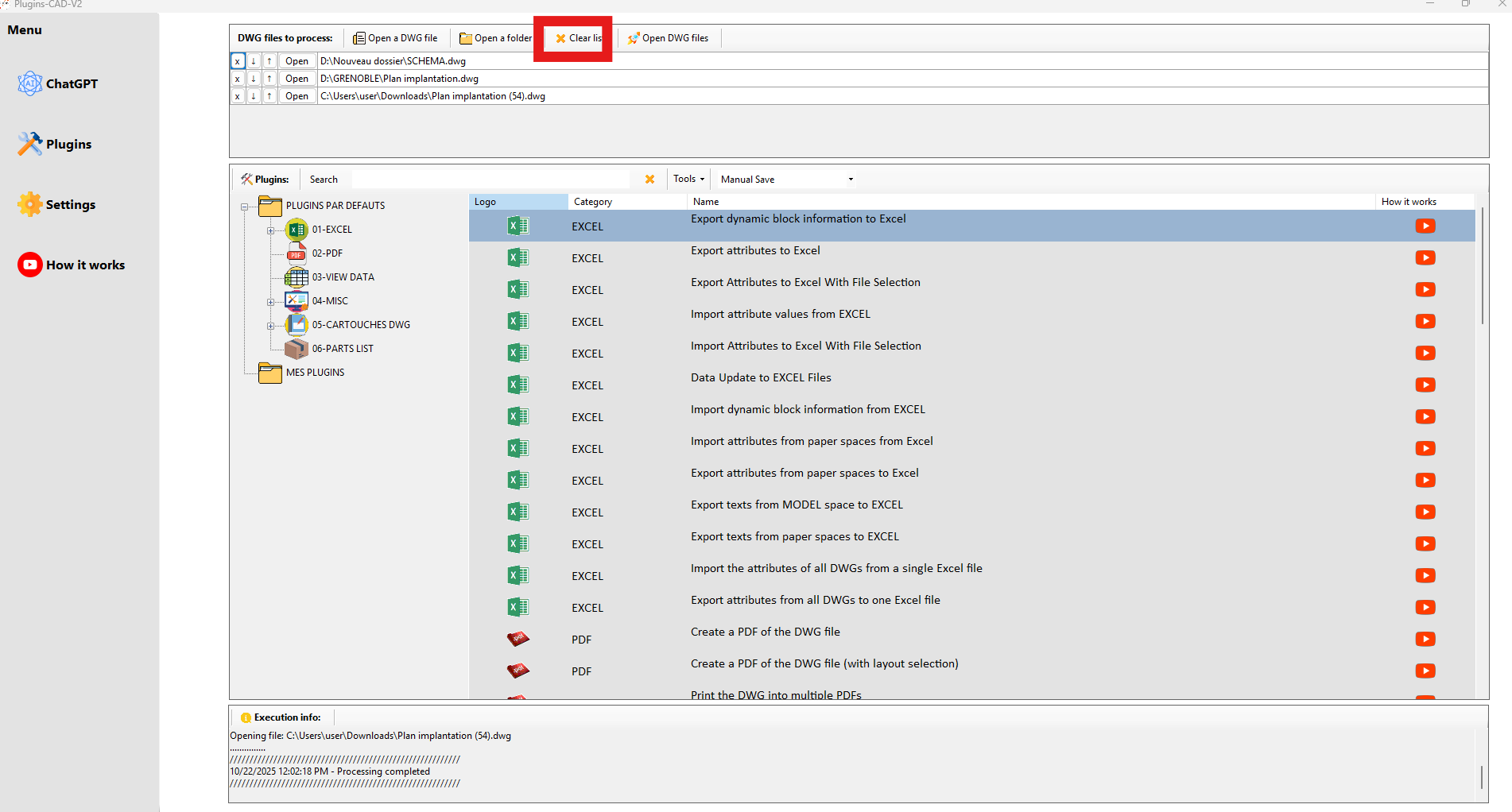 Vider la liste des fichiers DWG