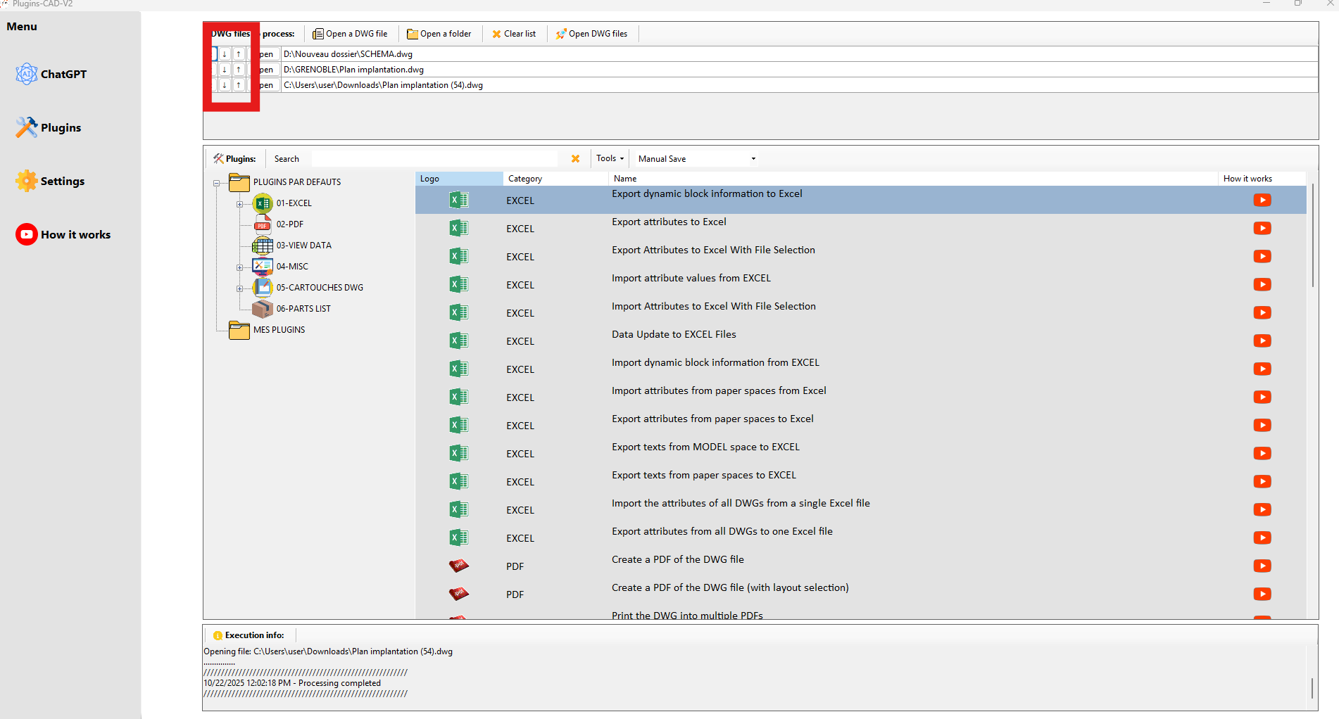 Réorganisation des DWG : Monter, Descendre, Corbeille