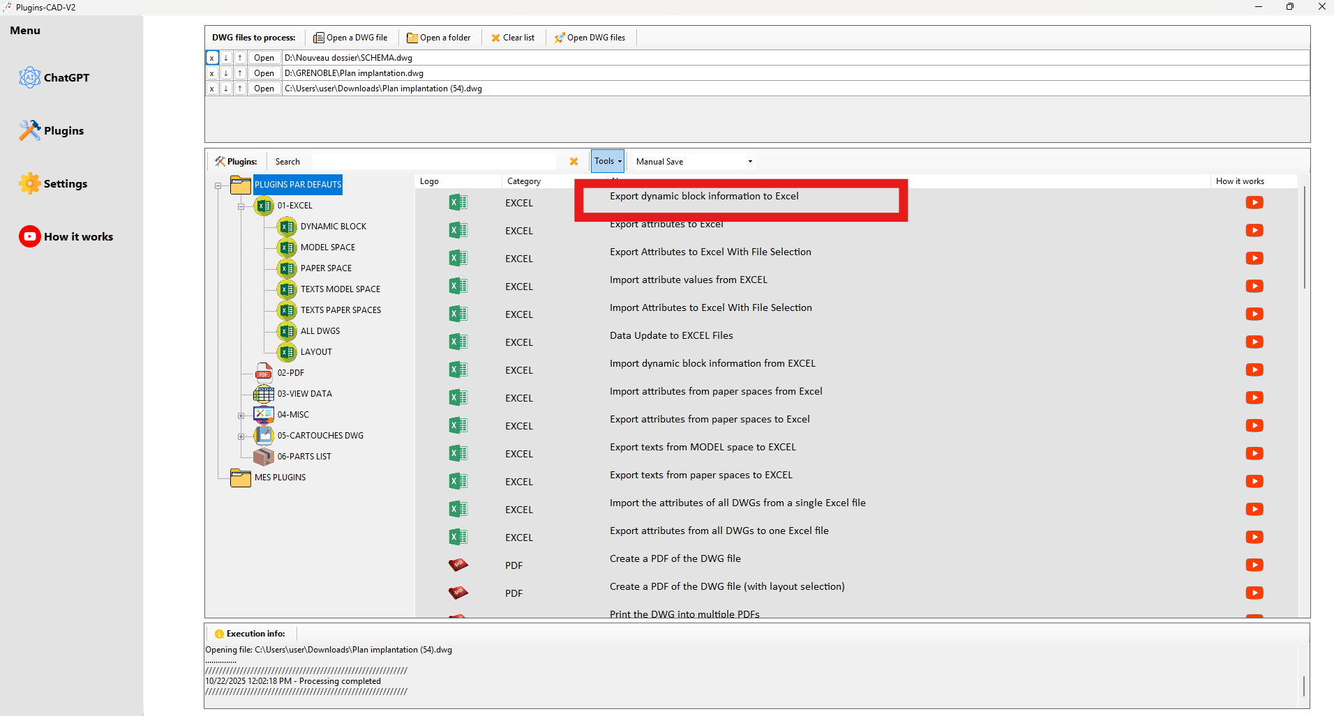 Zone Plugins avec liste et exécution