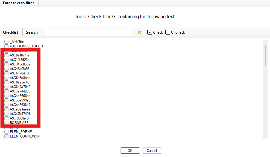 Fenêtre de sélection des blocs à synchroniser depuis Excel
