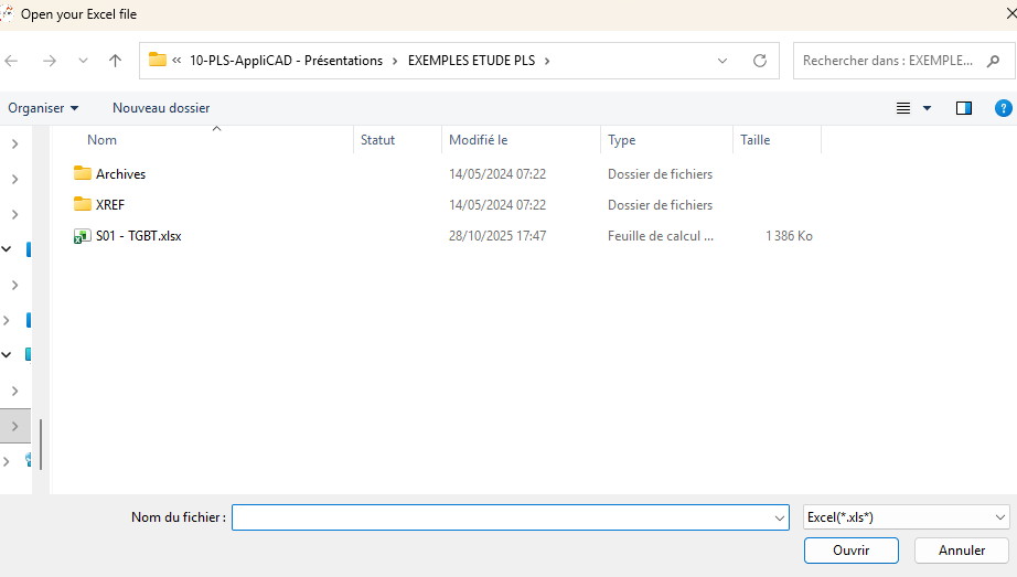 Sélection du fichier Excel à utiliser pour la mise à jour