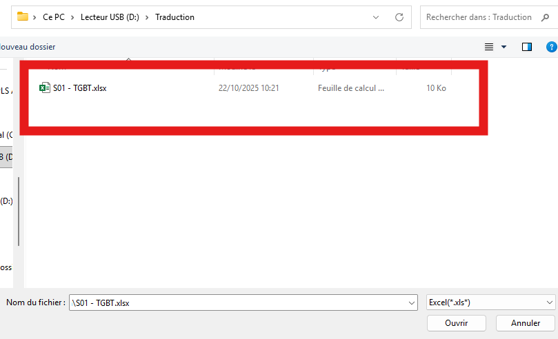 Sélection du fichier Excel à mettre à jour