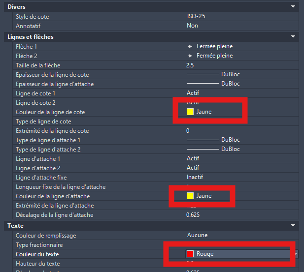 Application de la couleur ByBlock aux éléments graphiques des cotations