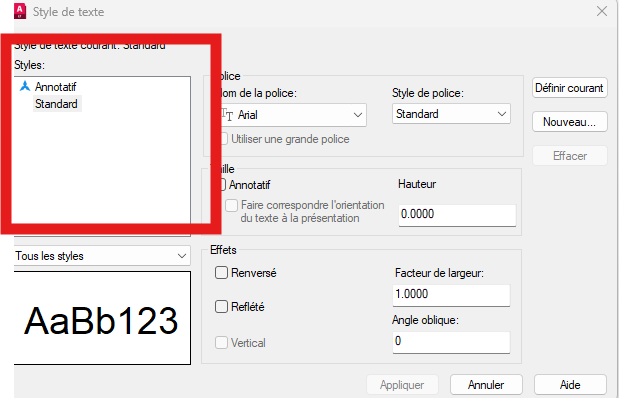 Analyse des styles de texte (STYLE) présents dans le DWG